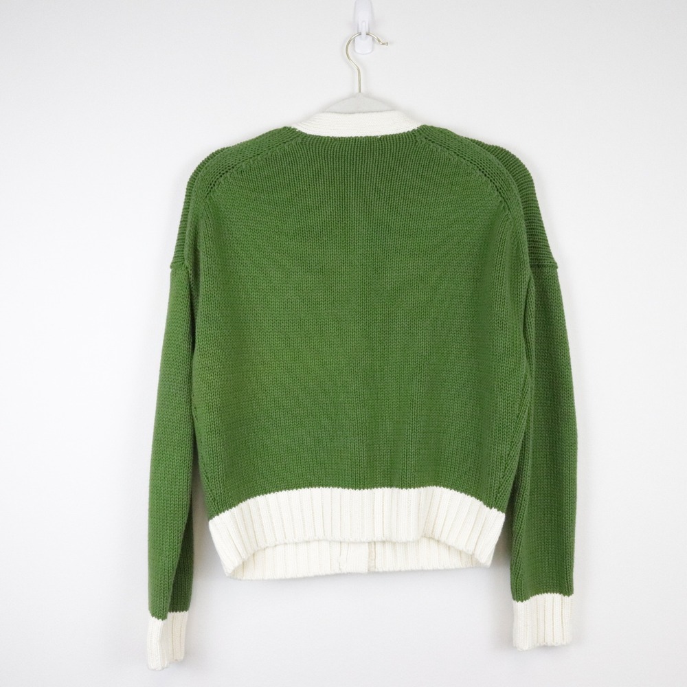Alex Mill Nico Tipped Cardigan Medium Leaf Green Ivory White 100% Cotton Sweater - Picture 6 of 8